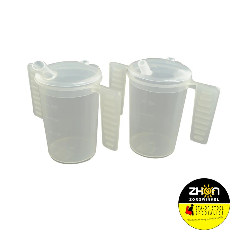 Drinkbeker met platte handgrepen en twee tuitdeksels