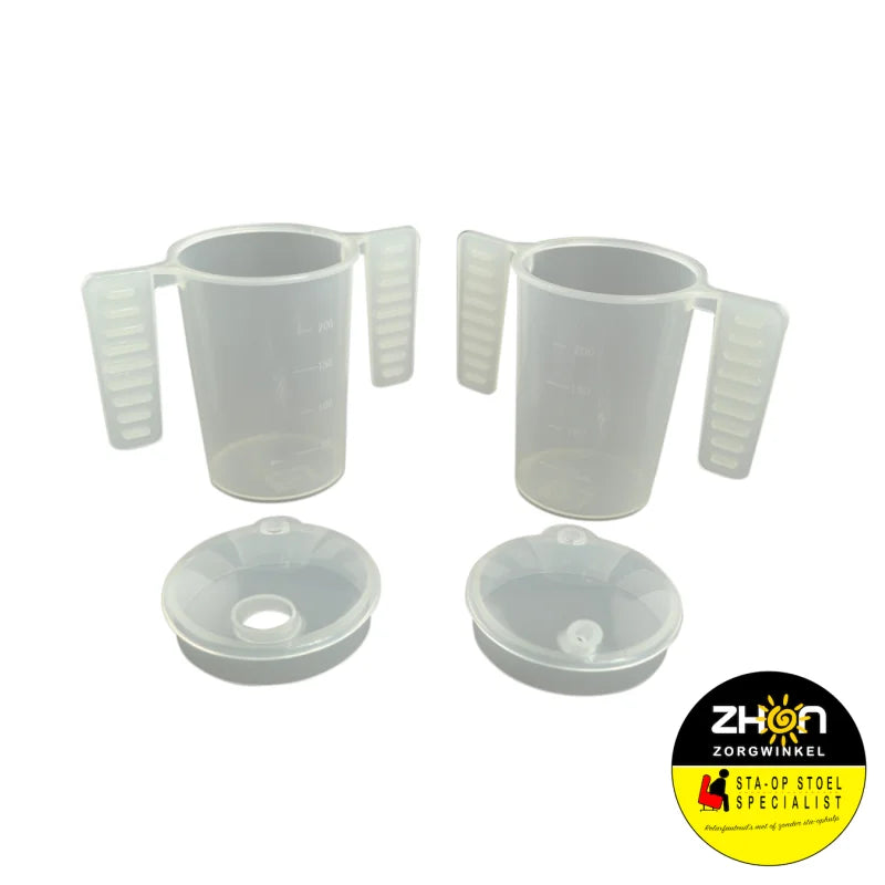 Drinkbeker met platte handgrepen en twee tuitdeksels