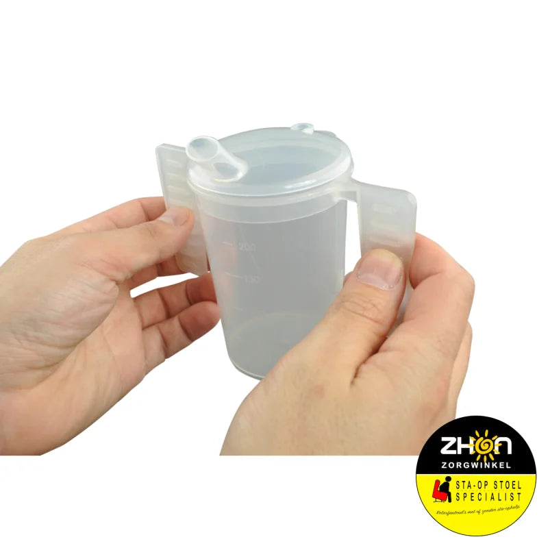 Drinkbeker met platte handgrepen en twee tuitdeksels