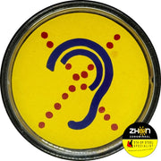 Oor met rood stippel kruis (slechthorend) button met speld - geel
