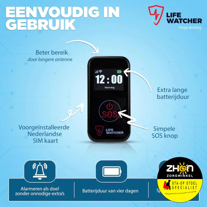 Lifewatcher - SOS Senior Button 4G met tijdsaanduiding en valdetectie